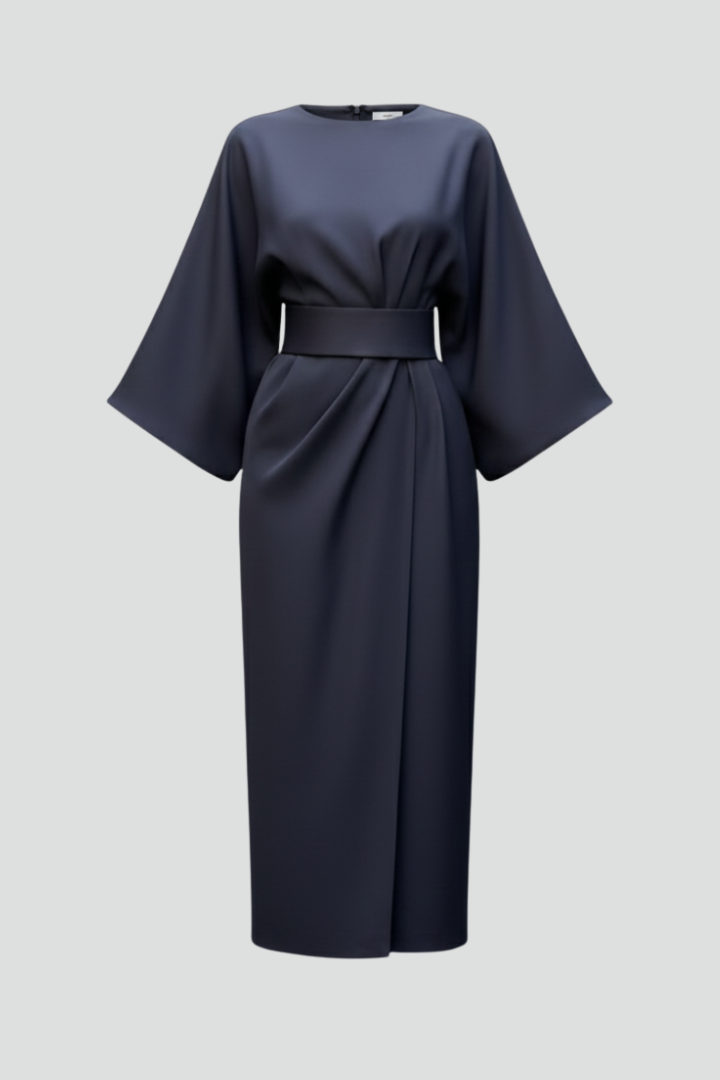 Women's Midi Dress with Wide Elbow Sleeves & Belted Waist – Round Neck Day Dress