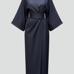 Women's Midi Dress with Wide Elbow Sleeves & Belted Waist – Round Neck Day Dress
