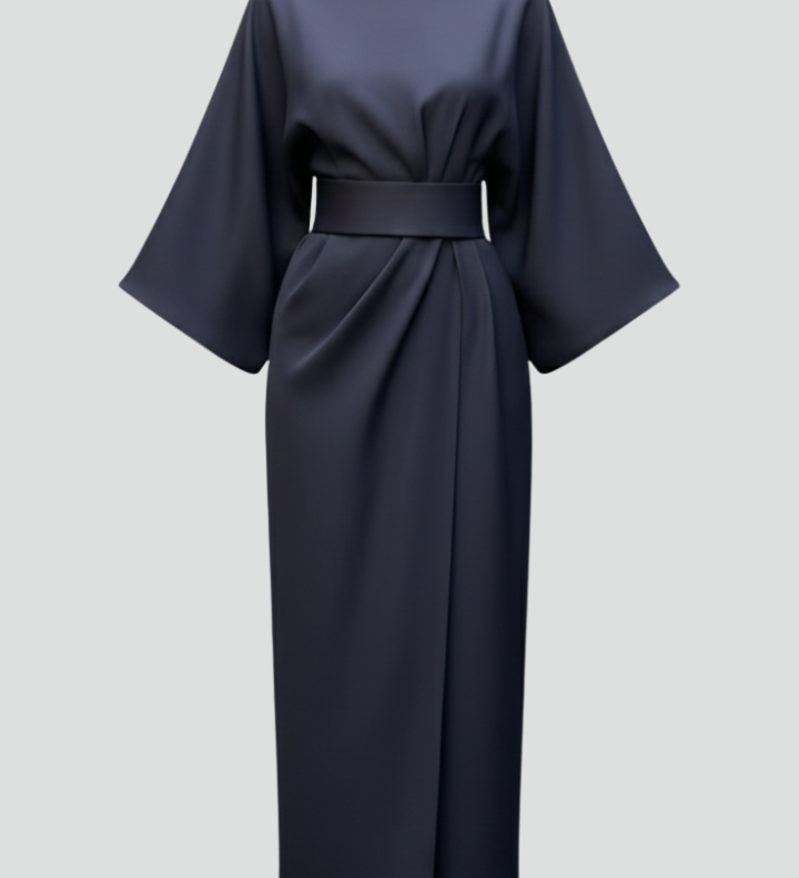 Women's Midi Dress with Wide Elbow Sleeves & Belted Waist – Round Neck Day Dress