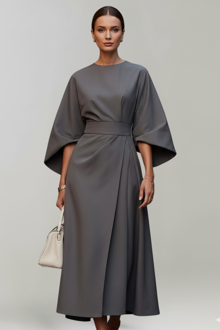 Women's Midi Dress with Wide Elbow Sleeves & Belted Waist – Round Neck Day Dress