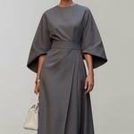 Women's Midi Dress with Wide Elbow Sleeves & Belted Waist – Round Neck Day Dress