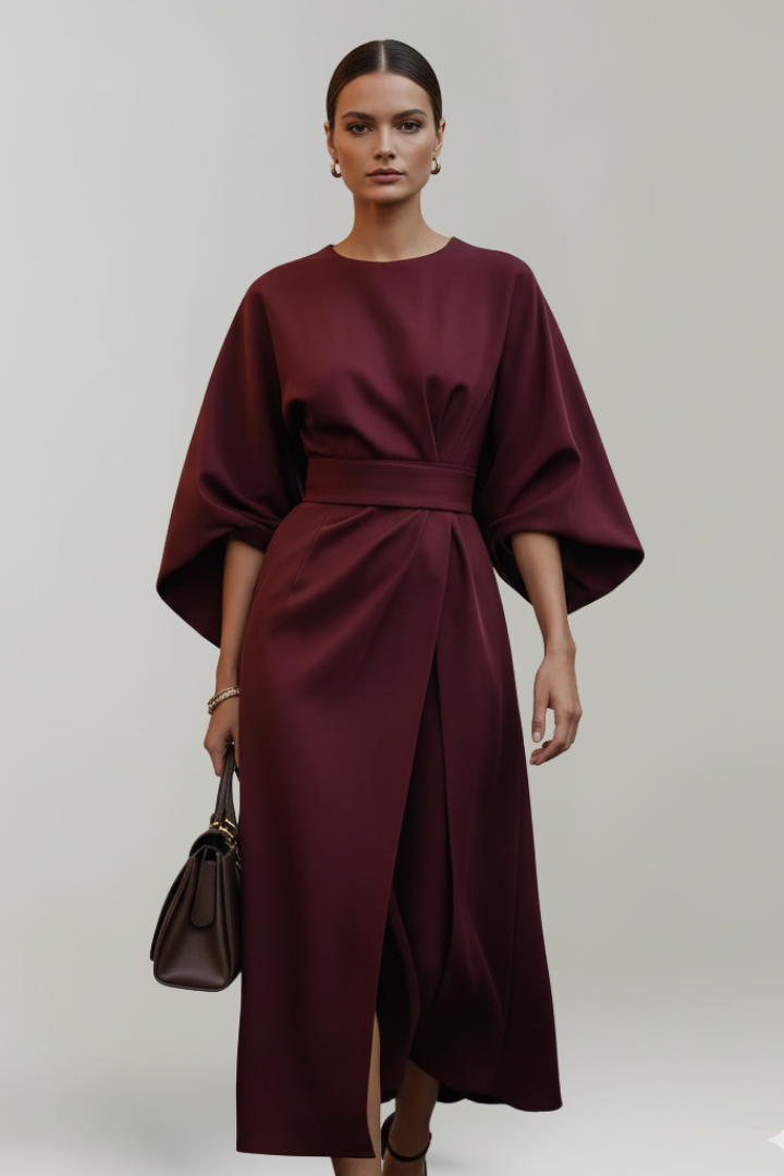 Women's Midi Dress with Wide Elbow Sleeves & Belted Waist – Round Neck Day Dress