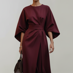 Women's Midi Dress with Wide Elbow Sleeves & Belted Waist – Round Neck Day Dress