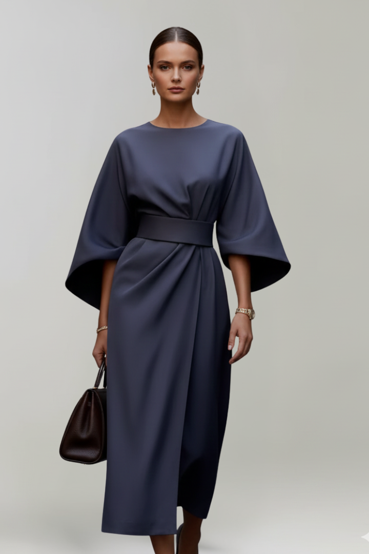 Women's Midi Dress with Wide Elbow Sleeves & Belted Waist – Round Neck Day Dress