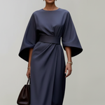 Women's Midi Dress with Wide Elbow Sleeves & Belted Waist – Round Neck Day Dress
