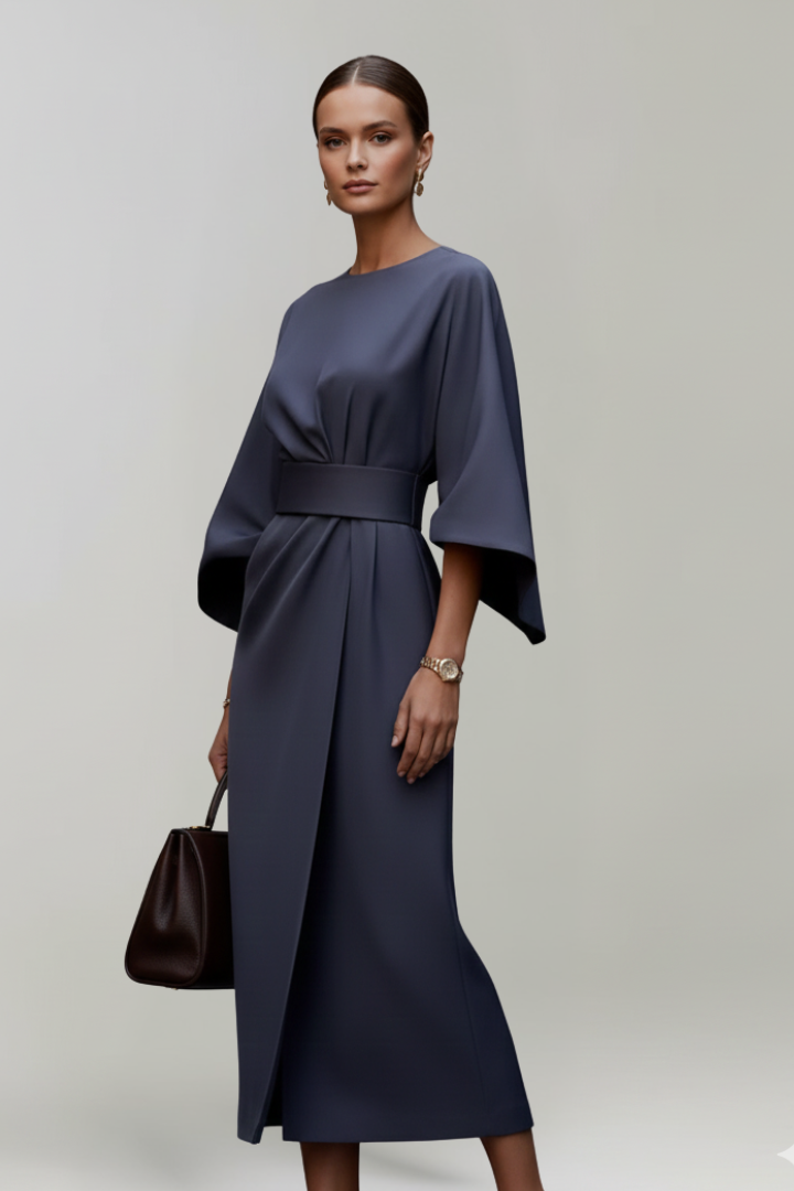 Women's Midi Dress with Wide Elbow Sleeves & Belted Waist – Round Neck Day Dress