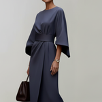 Women's Midi Dress with Wide Elbow Sleeves & Belted Waist – Round Neck Day Dress