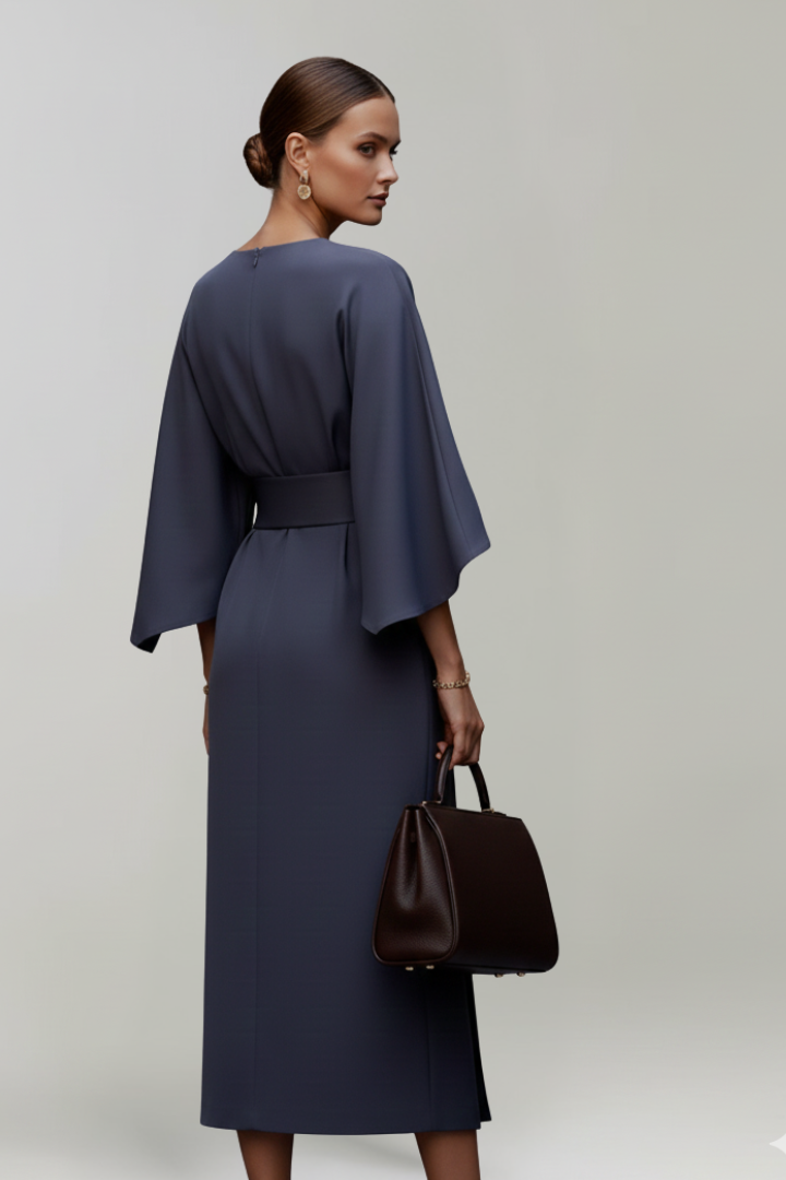 Women's Midi Dress with Wide Elbow Sleeves & Belted Waist – Round Neck Day Dress
