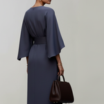 Women's Midi Dress with Wide Elbow Sleeves & Belted Waist – Round Neck Day Dress