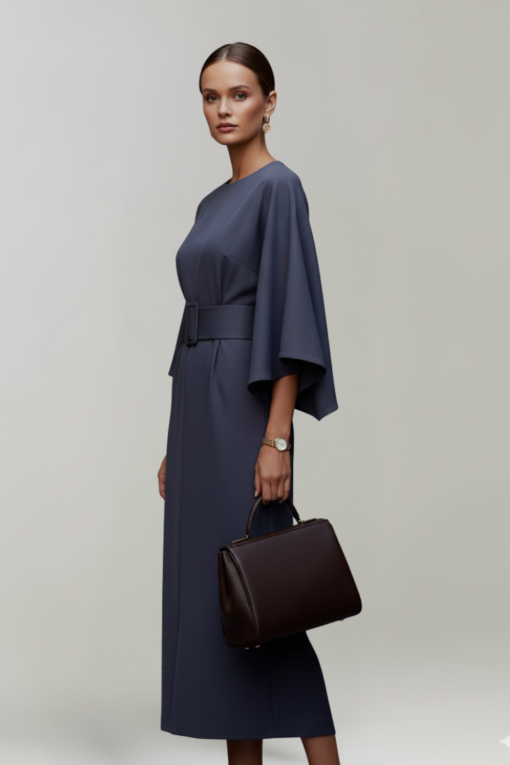 Women's Midi Dress with Wide Elbow Sleeves & Belted Waist – Round Neck Day Dress