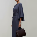 Women's Midi Dress with Wide Elbow Sleeves & Belted Waist – Round Neck Day Dress
