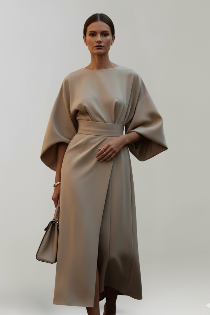 Women's Midi Dress with Wide Elbow Sleeves & Belted Waist – Round Neck Day Dress