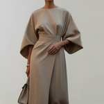Women's Midi Dress with Wide Elbow Sleeves & Belted Waist – Round Neck Day Dress