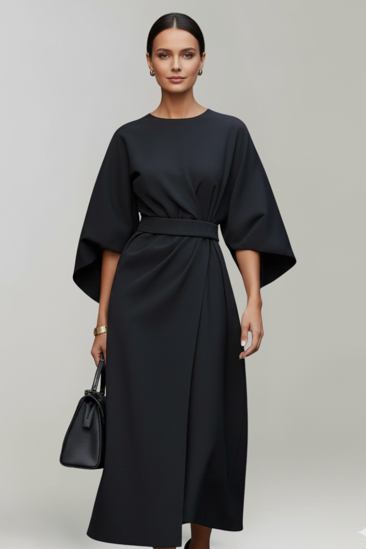 Women's Midi Dress with Wide Elbow Sleeves & Belted Waist – Round Neck Day Dress
