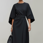 Women's Midi Dress with Wide Elbow Sleeves & Belted Waist – Round Neck Day Dress