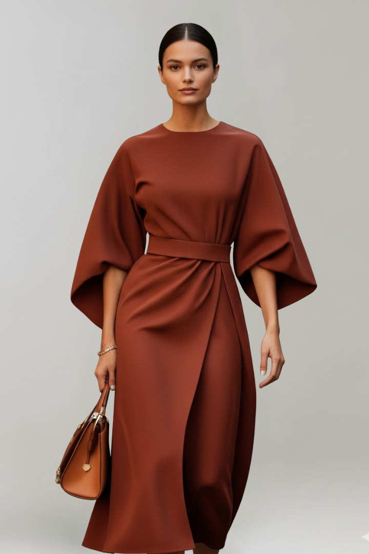 Women's Midi Dress with Wide Elbow Sleeves & Belted Waist – Round Neck Day Dress