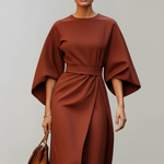 Women's Midi Dress with Wide Elbow Sleeves & Belted Waist – Round Neck Day Dress