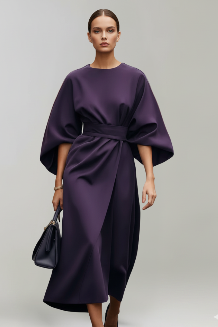 Women's Midi Dress with Wide Elbow Sleeves & Belted Waist – Round Neck Day Dress