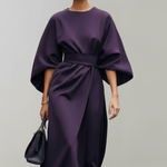Women's Midi Dress with Wide Elbow Sleeves & Belted Waist – Round Neck Day Dress