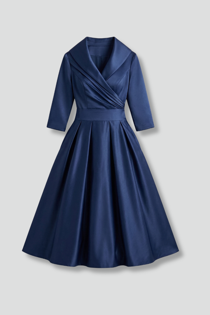 Women's Wrap Neck Midi Dress with Pleated Skirt & Long Sleeves – Work & Wedding Guest Dress
