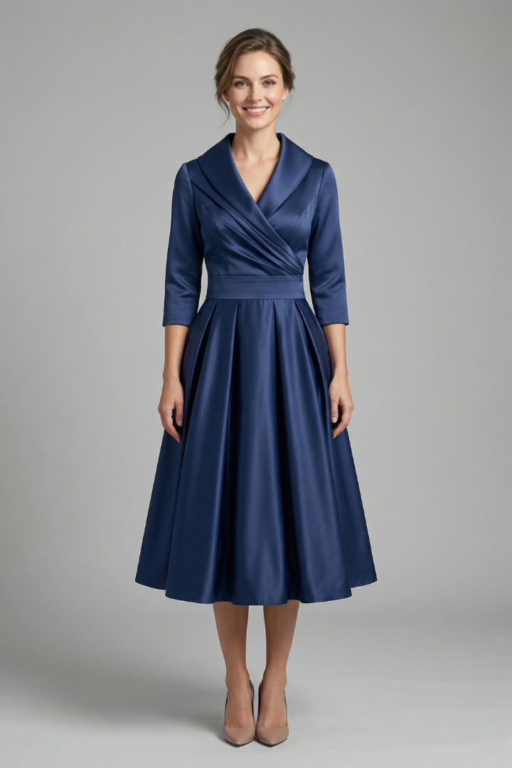 Women's Wrap Neck Midi Dress with Pleated Skirt & Long Sleeves – Work & Wedding Guest Dress
