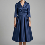 Women's Wrap Neck Midi Dress with Pleated Skirt & Long Sleeves – Work & Wedding Guest Dress