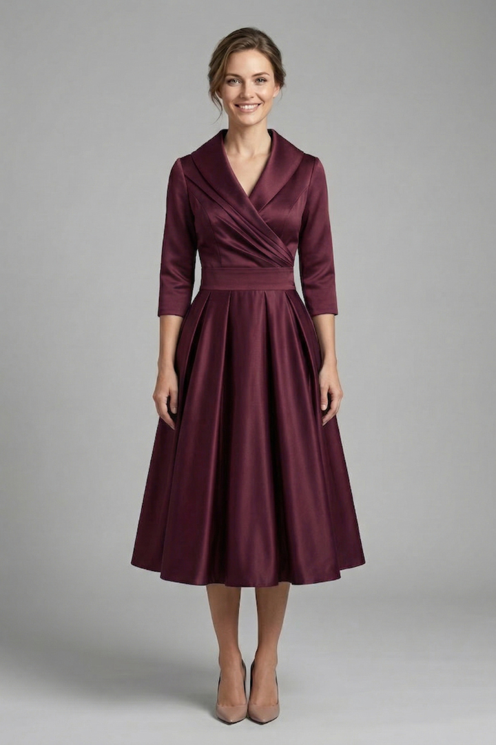 Women's Wrap Neck Midi Dress with Pleated Skirt & Long Sleeves – Work & Wedding Guest Dress