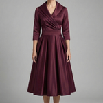 Women's Wrap Neck Midi Dress with Pleated Skirt & Long Sleeves – Work & Wedding Guest Dress