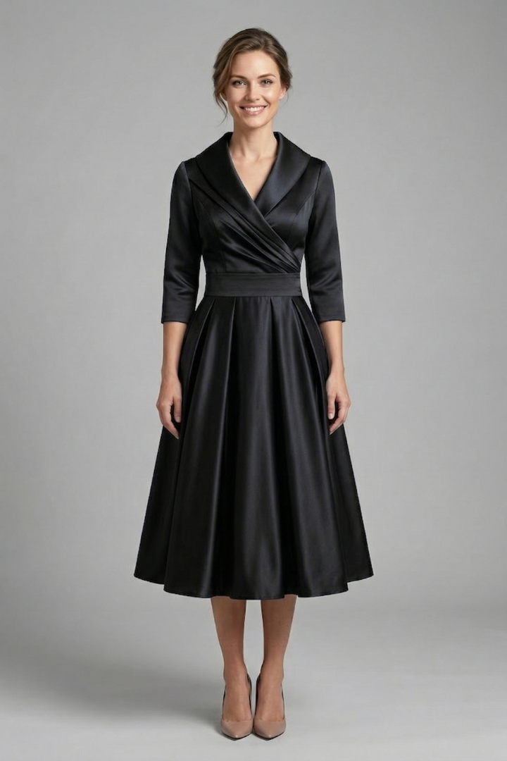 Women's Wrap Neck Midi Dress with Pleated Skirt & Long Sleeves – Work & Wedding Guest Dress