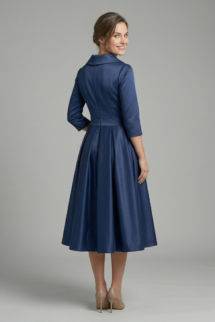 Women's Wrap Neck Midi Dress with Pleated Skirt & Long Sleeves – Work & Wedding Guest Dress