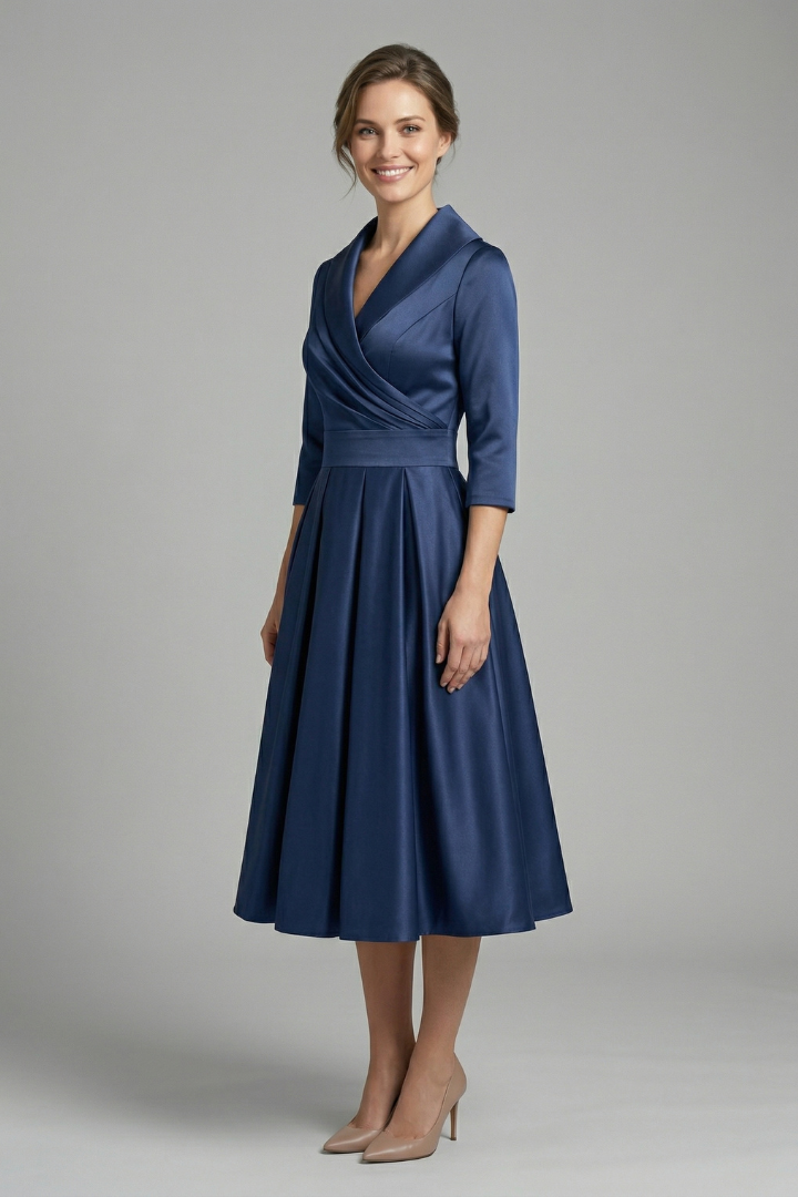 Women's Wrap Neck Midi Dress with Pleated Skirt & Long Sleeves – Work & Wedding Guest Dress