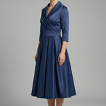Women's Wrap Neck Midi Dress with Pleated Skirt & Long Sleeves – Work & Wedding Guest Dress