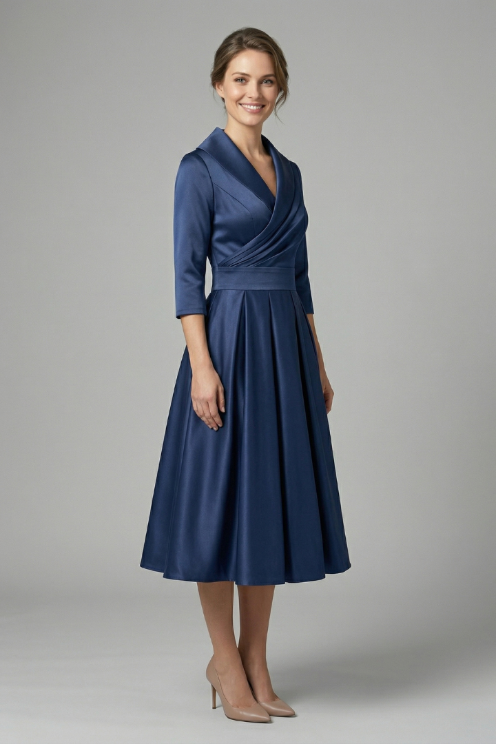 Women's Wrap Neck Midi Dress with Pleated Skirt & Long Sleeves – Work & Wedding Guest Dress