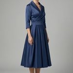 Women's Wrap Neck Midi Dress with Pleated Skirt & Long Sleeves – Work & Wedding Guest Dress