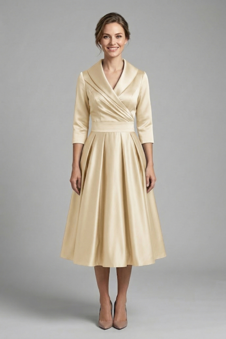 Women's Wrap Neck Midi Dress with Pleated Skirt & Long Sleeves – Work & Wedding Guest Dress