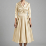 Women's Wrap Neck Midi Dress with Pleated Skirt & Long Sleeves – Work & Wedding Guest Dress
