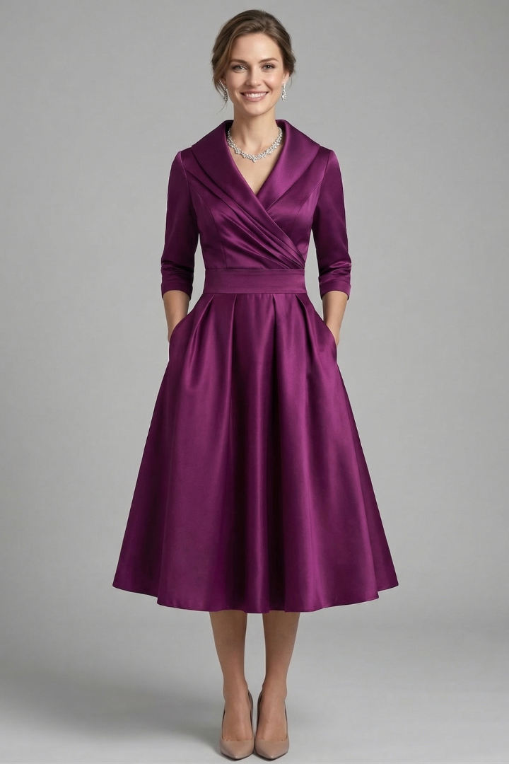 Women's Wrap Neck Midi Dress with Pleated Skirt & Long Sleeves – Work & Wedding Guest Dress