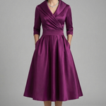 Women's Wrap Neck Midi Dress with Pleated Skirt & Long Sleeves – Work & Wedding Guest Dress