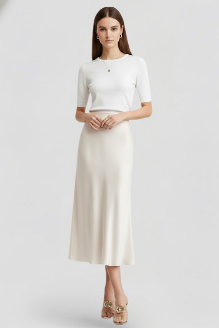 Women's High Waisted Satin-Look Midi Skirt with Draped Cut – Lined White Occasion Skirt