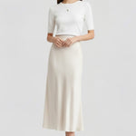 Women's High Waisted Satin-Look Midi Skirt with Draped Cut – Lined White Occasion Skirt