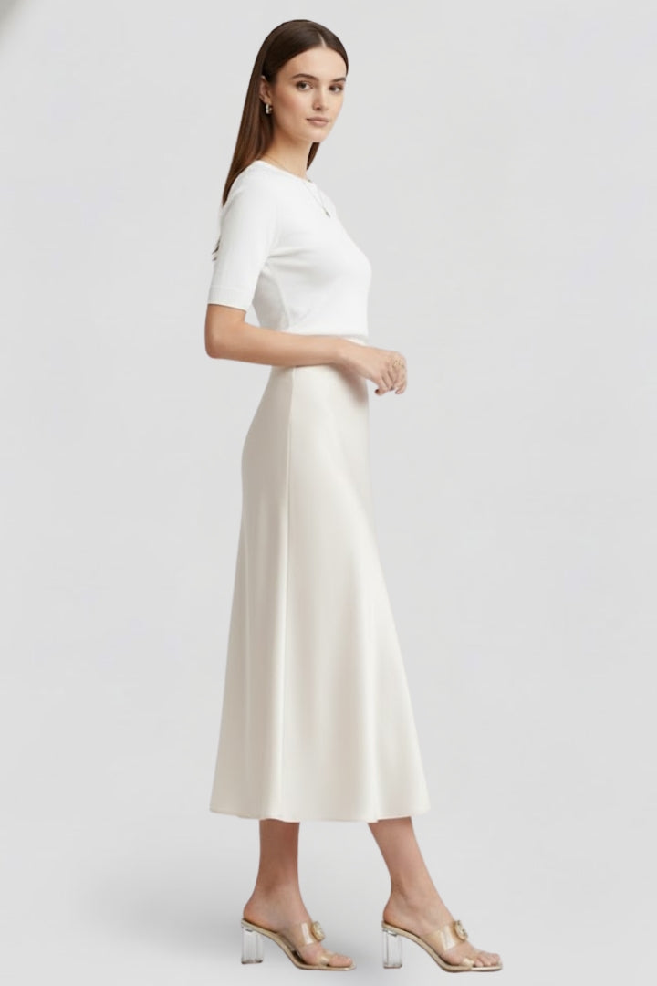 Women's High Waisted Satin-Look Midi Skirt with Draped Cut – Lined White Occasion Skirt
