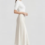 Women's High Waisted Satin-Look Midi Skirt with Draped Cut – Lined White Occasion Skirt