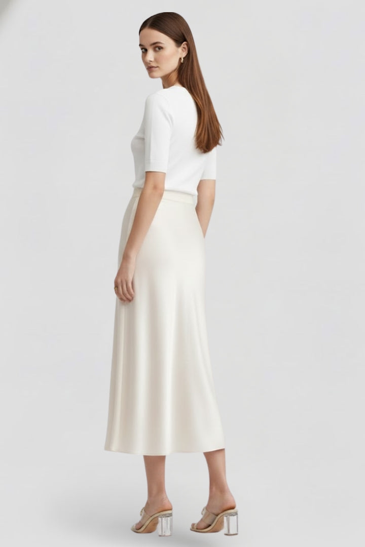 Women's High Waisted Satin-Look Midi Skirt with Draped Cut – Lined White Occasion Skirt