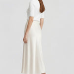 Women's High Waisted Satin-Look Midi Skirt with Draped Cut – Lined White Occasion Skirt