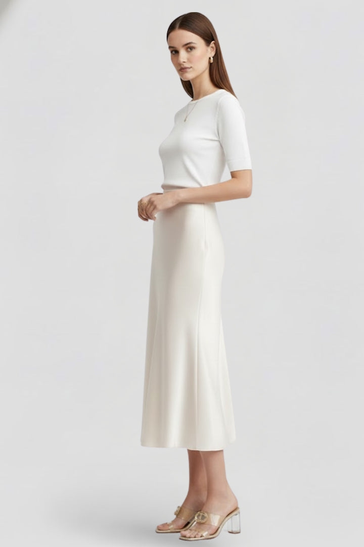 Women's High Waisted Satin-Look Midi Skirt with Draped Cut – Lined White Occasion Skirt