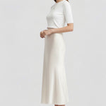 Women's High Waisted Satin-Look Midi Skirt with Draped Cut – Lined White Occasion Skirt