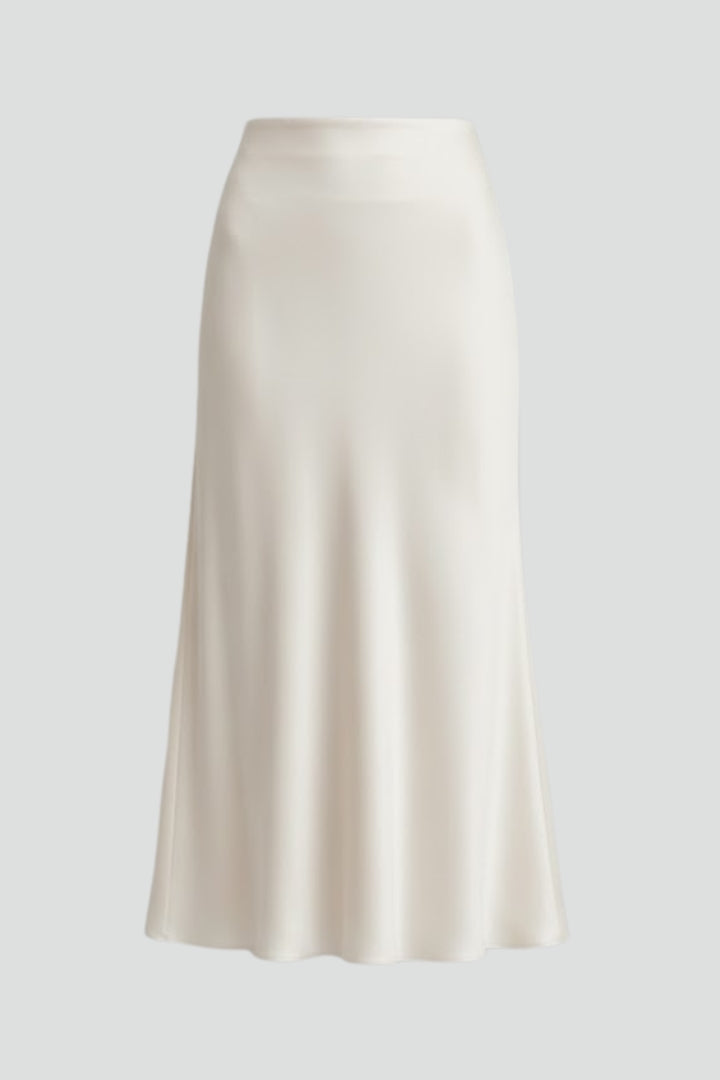 Women's High Waisted Satin-Look Midi Skirt with Draped Cut – Lined White Occasion Skirt