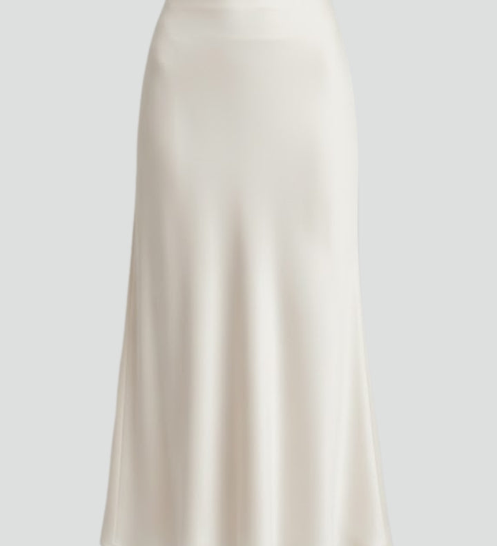 Women's High Waisted Satin-Look Midi Skirt with Draped Cut – Lined White Occasion Skirt