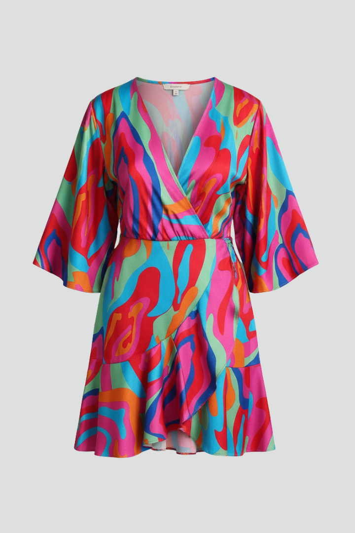 Women's Printed V-Neck Mini Dress with Batwing Sleeves & Tie Waist – Casual Summer Dress