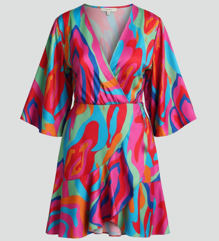 Women's Printed V-Neck Mini Dress with Batwing Sleeves & Tie Waist – Casual Summer Dress